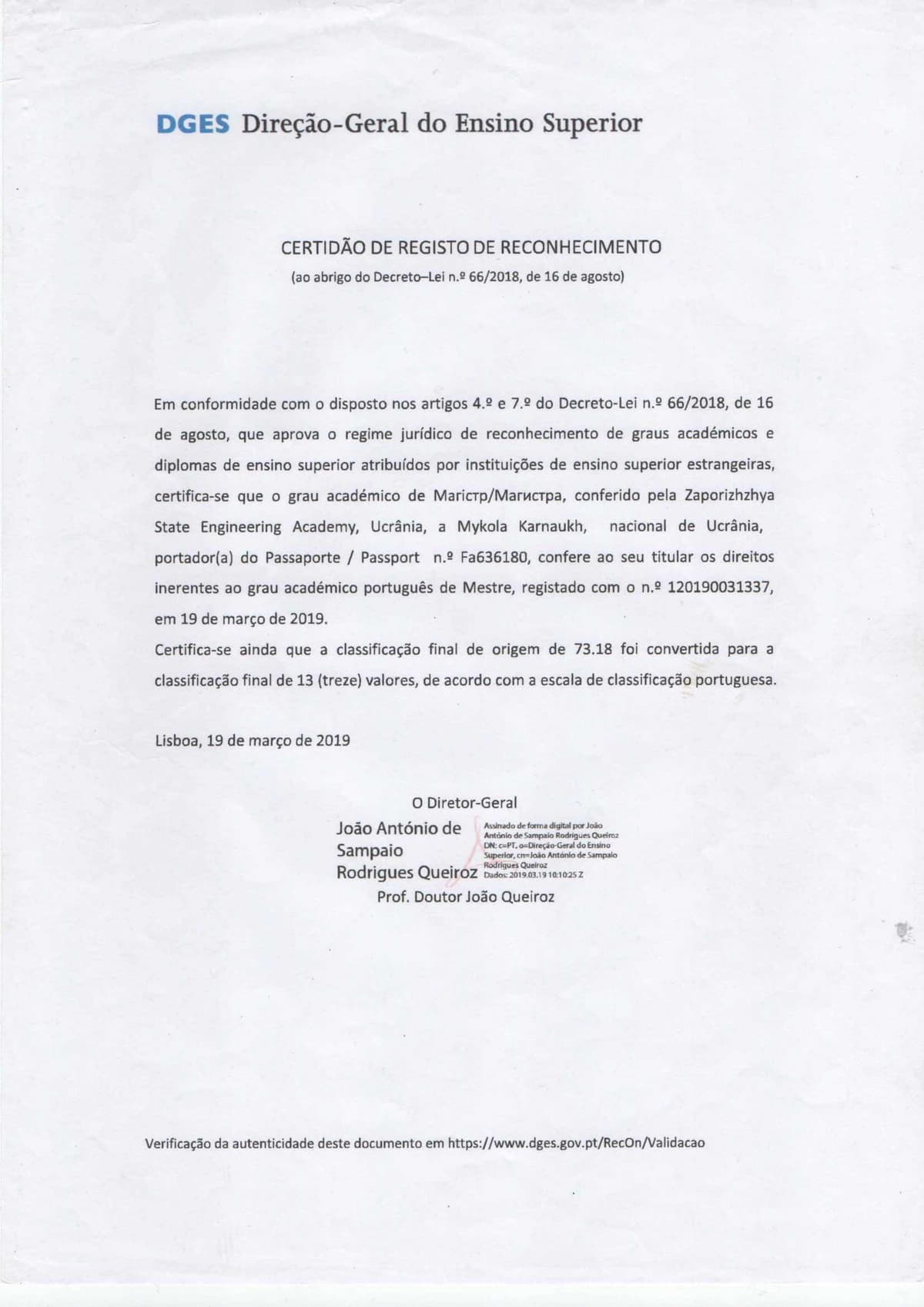 Certidão de registo de reconhecimento