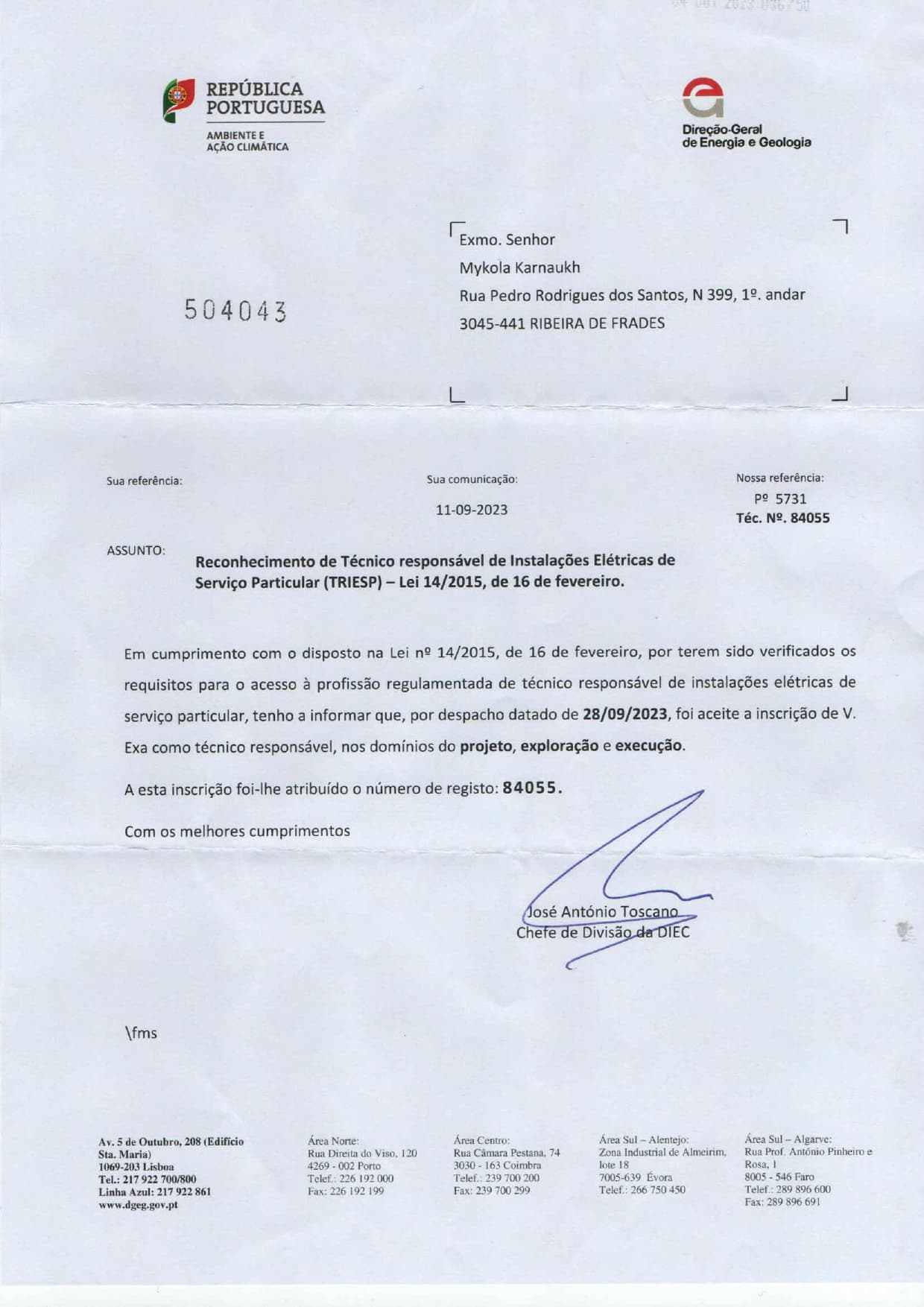 Certidão de registo de reconhecimento DGES