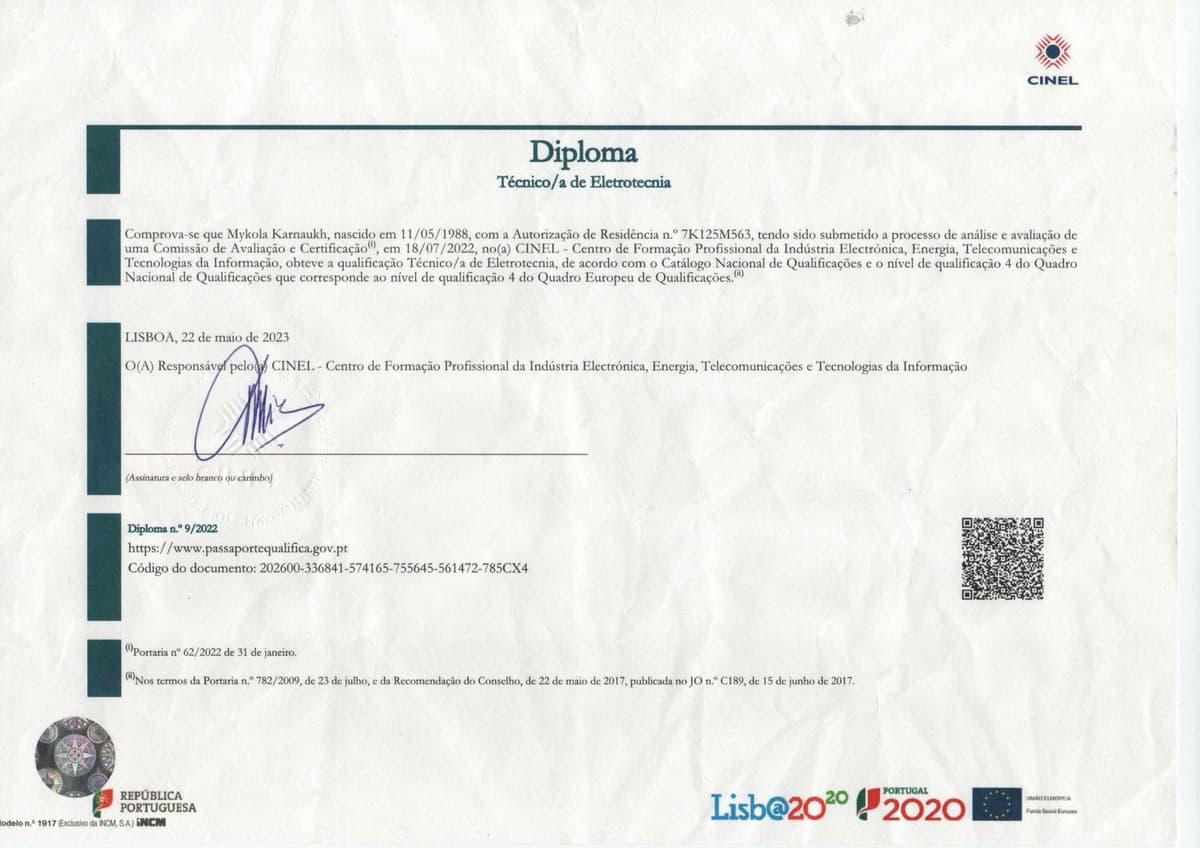 Diploma Técnico de eletrotécnica CINEL